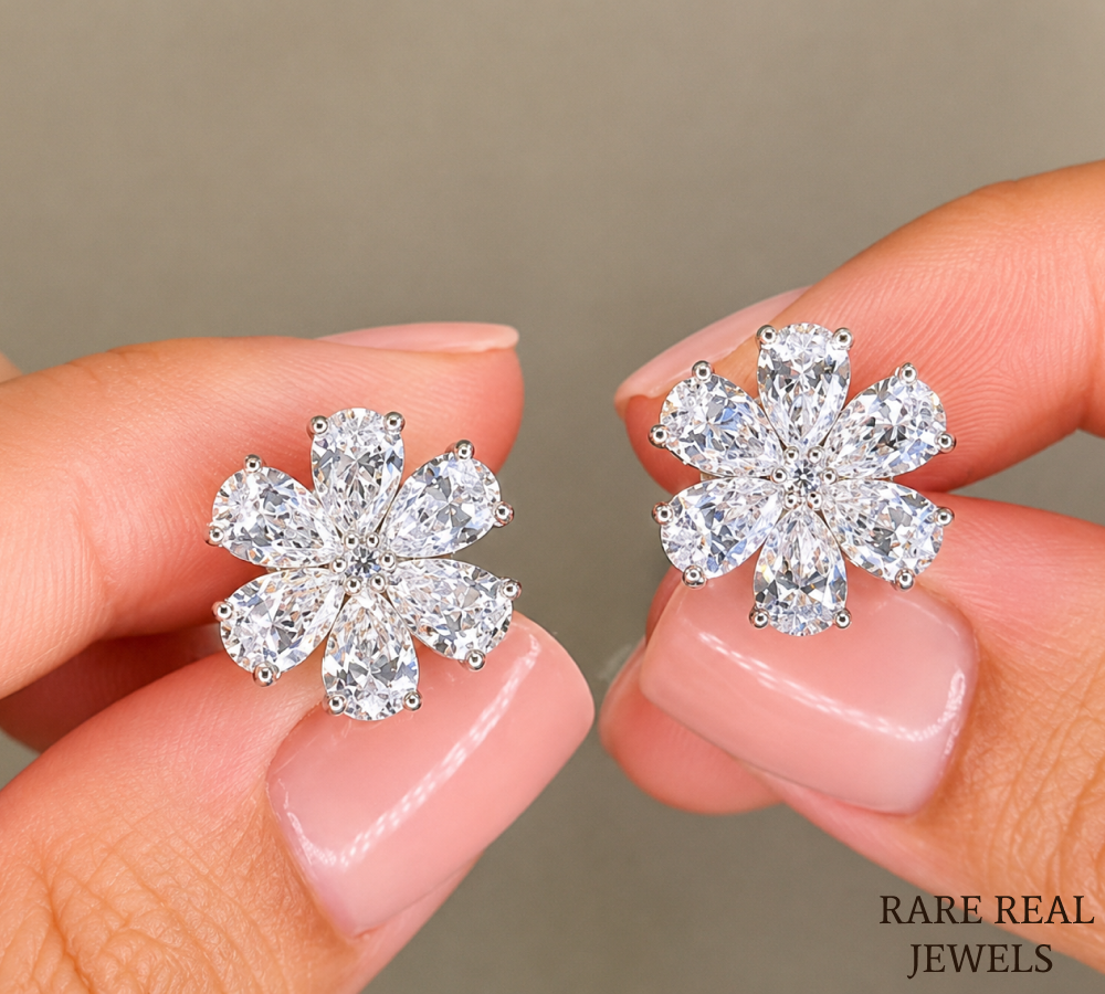 Flower Lab Grown Diamond Stud Earrings, Pear Cut Floral Cluster Earrings, White Gold Diamond Earrings Gift For Her