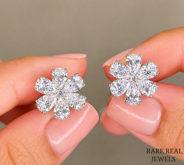 Flower Lab Grown Diamond Stud Earrings, Pear Cut Floral Cluster Earrings, White Gold Diamond Earrings Gift For Her