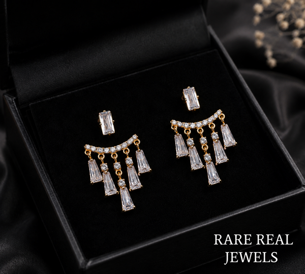 Luxury Baguette Cut Diamond Chandelier Drop Earrings in 14K Yellow Gold, Round Brilliant Diamond Dangle Statement Earrings for Women