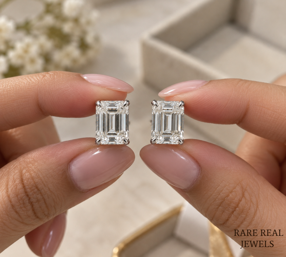 Emerald Cut Diamond Stud Earrings, Lab Grown Diamond Solitaire Studs, IGI Certified Earrings, Gift for Her, Bridal Jewelry