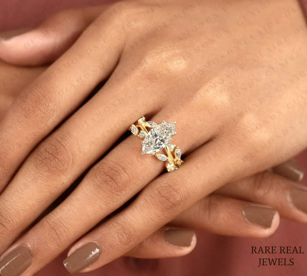 Marquise Cut Lab Grown Diamond Engagement Ring, Nature Inspired Yellow Gold Ring, Unique Bridal Proposal Ring
