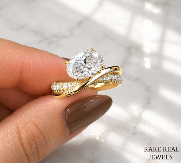1.5 CT Oval Lab Grown Diamond Engagement Ring | Twisted Gold Band | Oval Solitaire Ring | Curved Diamond Wedding Ring | Modern Bridal Ring