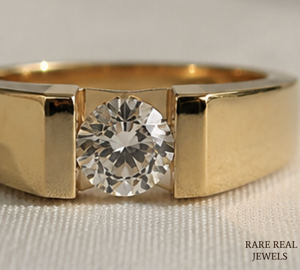 Men's Round Cut Lab Grown Diamond Signet Ring, 14K Yellow Gold Solitaire Ring, Luxury Wedding Band, Statement Ring