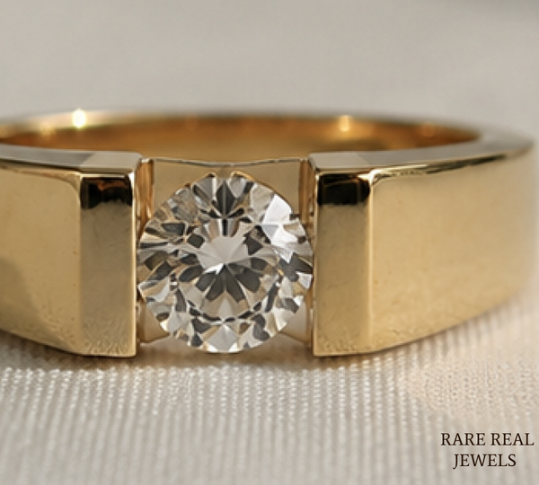 Men's Round Cut Lab Grown Diamond Signet Ring, 14K Yellow Gold Solitaire Ring, Luxury Wedding Band, Statement Ring