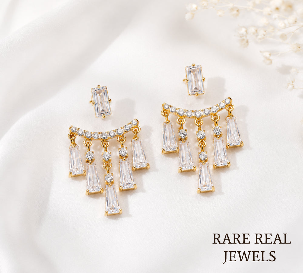 Luxury Baguette Cut Diamond Chandelier Drop Earrings in 14K Yellow Gold, Round Brilliant Diamond Dangle Statement Earrings for Women