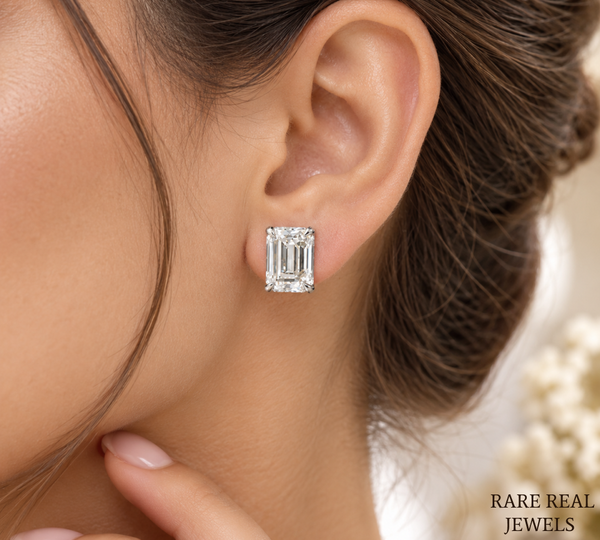 Emerald Cut Diamond Stud Earrings, Lab Grown Diamond Solitaire Studs, IGI Certified Earrings, Gift for Her, Bridal Jewelry