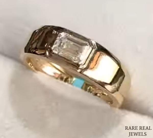 Men's Emerald Cut Diamond Signet Ring, Bezel Set Gold Ring, Lab Grown Diamond Wedding Band for Him