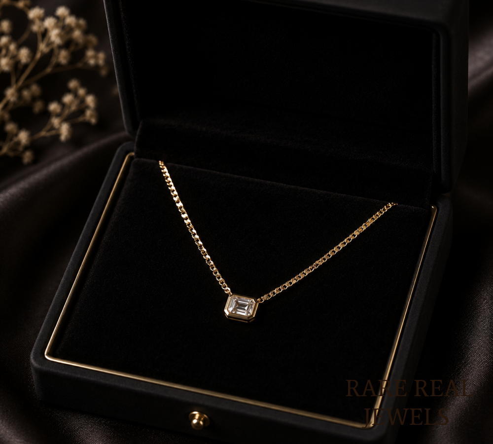 Bezel Set Emerald Cut Diamond Necklace | Solitaire Diamond Pendant | Minimalist Gold Necklace | Lab Grown Diamond Jewelry | Gift for Women