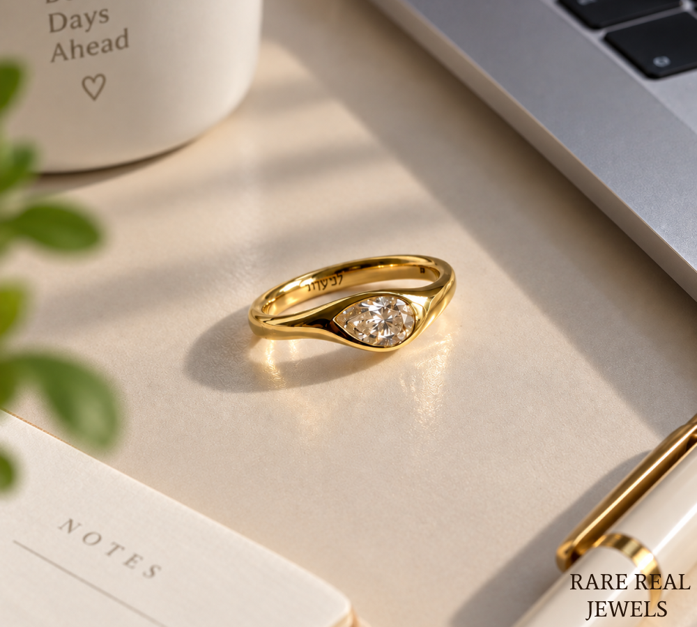 Pear Cut Lab Grown Diamond Ring, Bezel Set Solitaire Ring, Yellow Gold Engagement Ring, Minimalist Gift for Her Secondary image