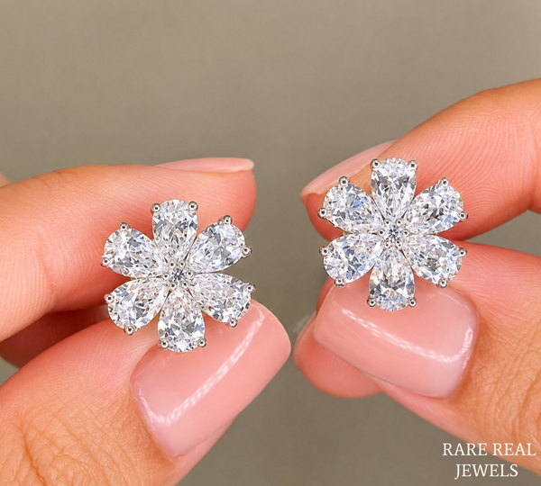 Flower Lab Grown Diamond Stud Earrings, Pear Cut Floral Cluster Earrings, White Gold Diamond Earrings Gift For Her