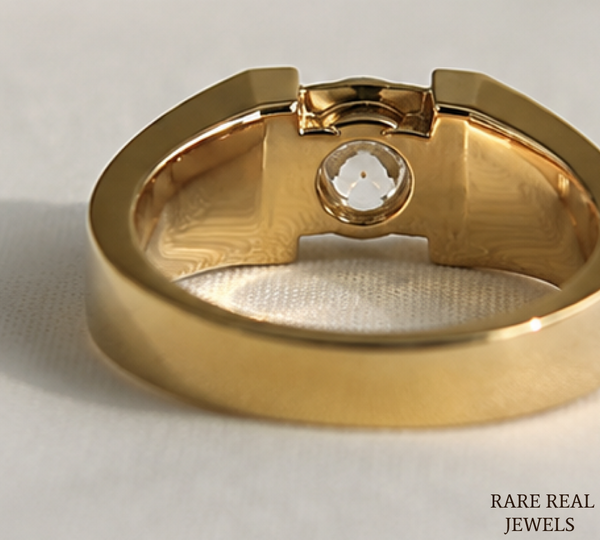 Men's Round Cut Lab Grown Diamond Signet Ring, 14K Yellow Gold Solitaire Ring, Luxury Wedding Band, Statement Ring