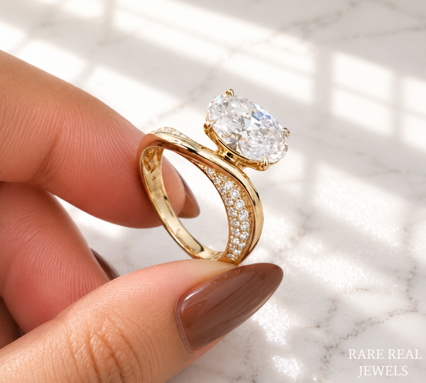 1.5 CT Oval Lab Grown Diamond Engagement Ring | Twisted Gold Band | Oval Solitaire Ring | Curved Diamond Wedding Ring | Modern Bridal Ring