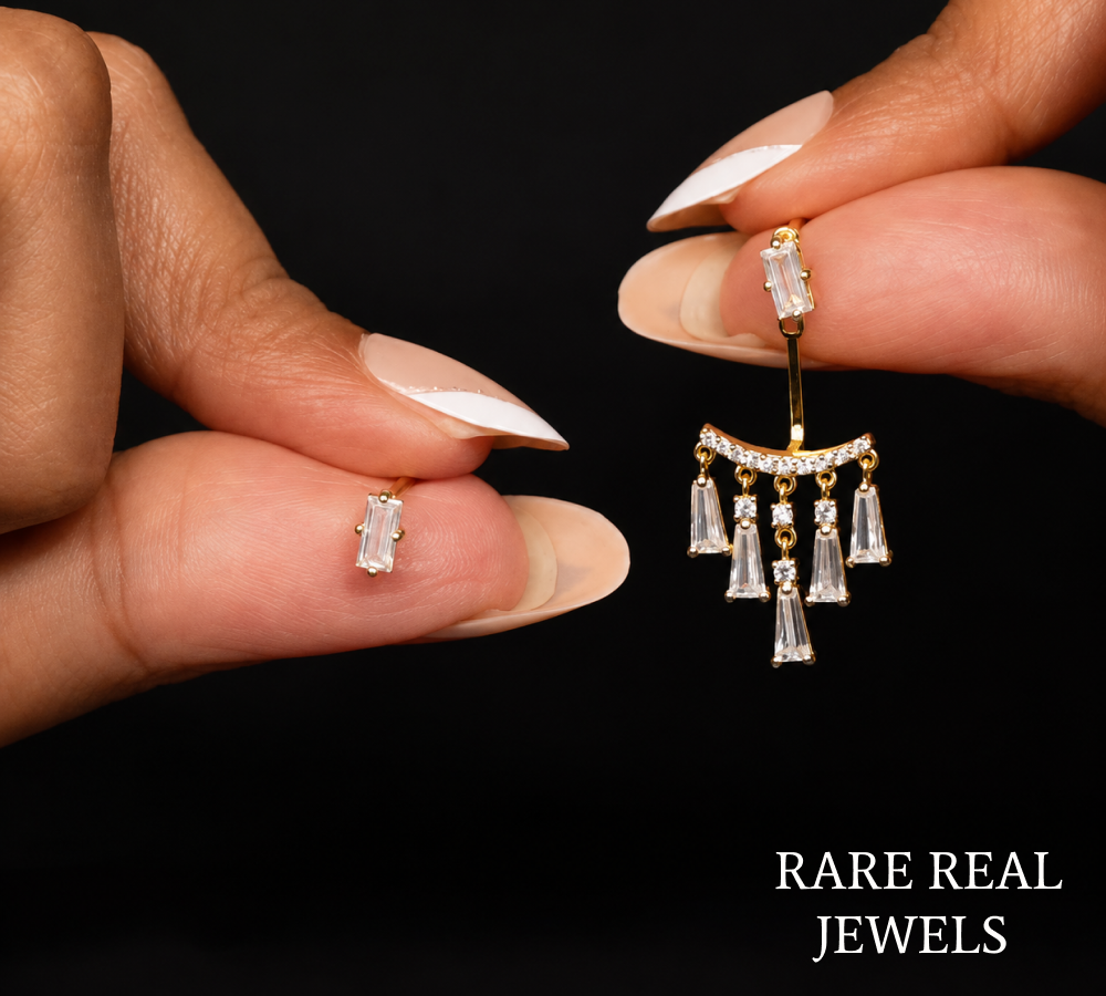 Luxury Baguette Cut Diamond Chandelier Drop Earrings in 14K Yellow Gold, Round Brilliant Diamond Dangle Statement Earrings for Women