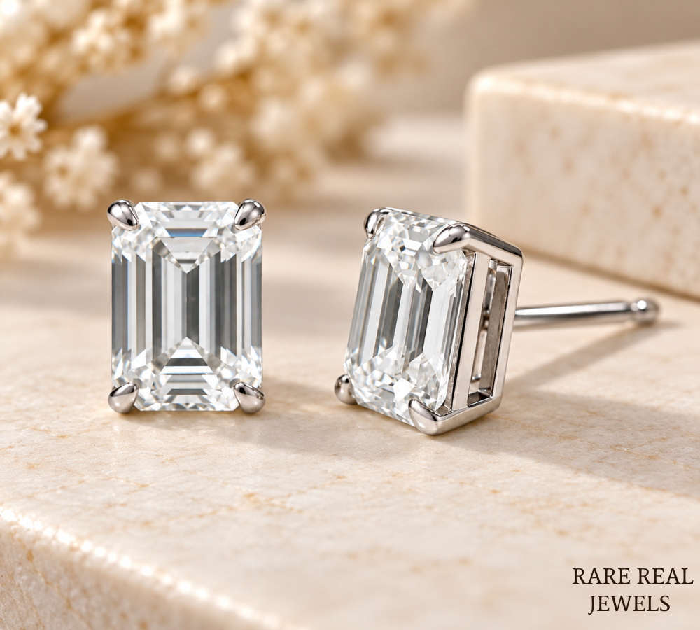 Emerald Cut Diamond Stud Earrings, Lab Grown Diamond Solitaire Studs, IGI Certified Earrings, Gift for Her, Bridal Jewelry