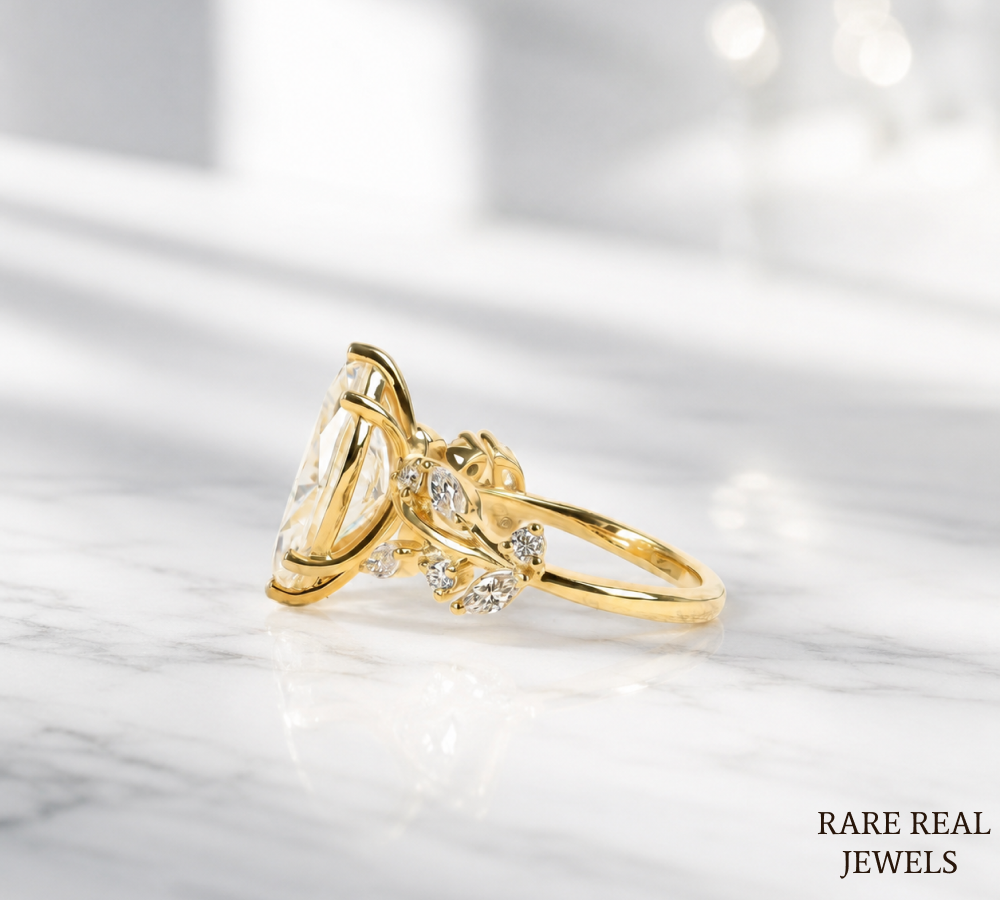 Marquise Cut Lab Grown Diamond Engagement Ring, Nature Inspired Yellow Gold Ring, Unique Bridal Proposal Ring