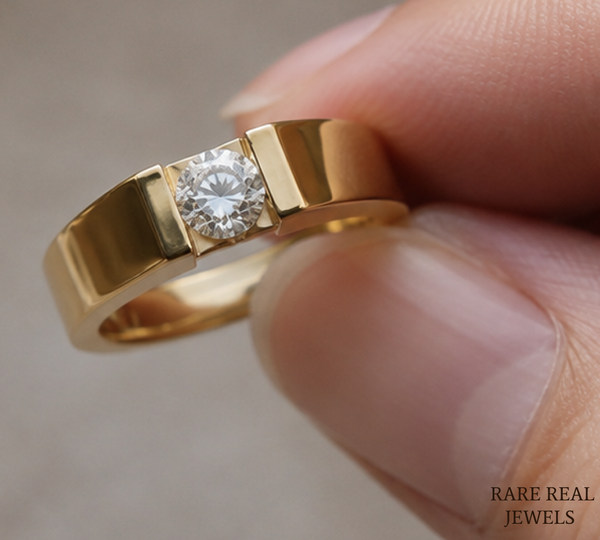Men's Round Cut Lab Grown Diamond Signet Ring, 14K Yellow Gold Solitaire Ring, Luxury Wedding Band, Statement Ring