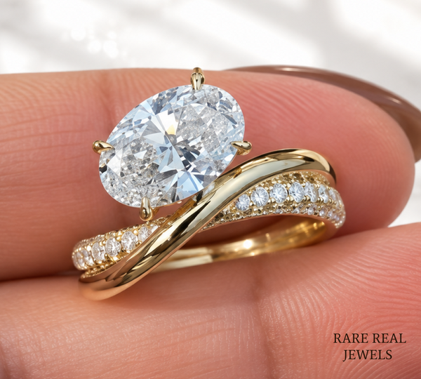 1.5 CT Oval Lab Grown Diamond Engagement Ring | Twisted Gold Band | Oval Solitaire Ring | Curved Diamond Wedding Ring | Modern Bridal Ring