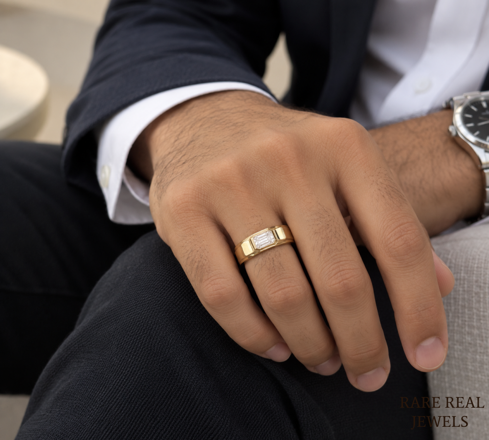 Men's Emerald Cut Diamond Signet Ring, Bezel Set Gold Ring, Lab Grown Diamond Wedding Band for Him