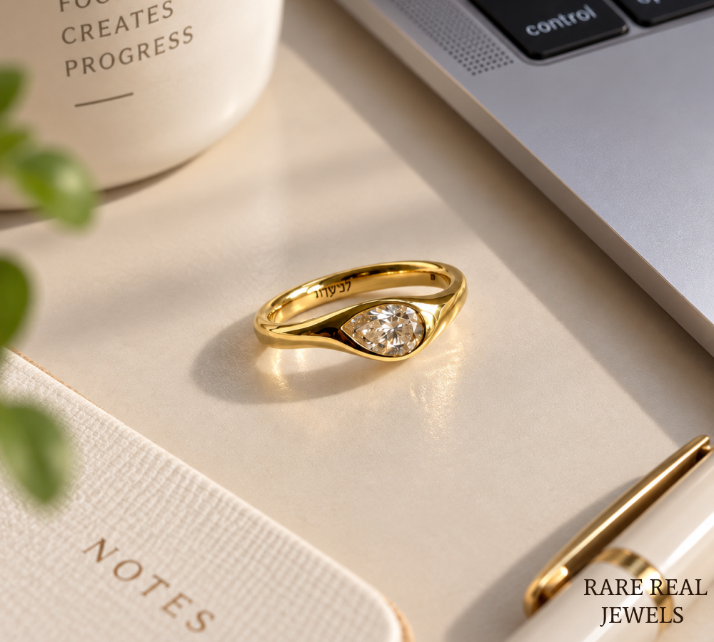 Pear Cut Lab Grown Diamond Ring, Bezel Set Solitaire Ring, Yellow Gold Engagement Ring, Minimalist Gift for Her