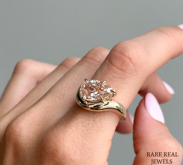 Pear Cut Lab Grown Diamond Engagement Ring, Yellow Gold Bypass Solitaire Ring, Modern Bridal Ring, Unique Proposal Ring
