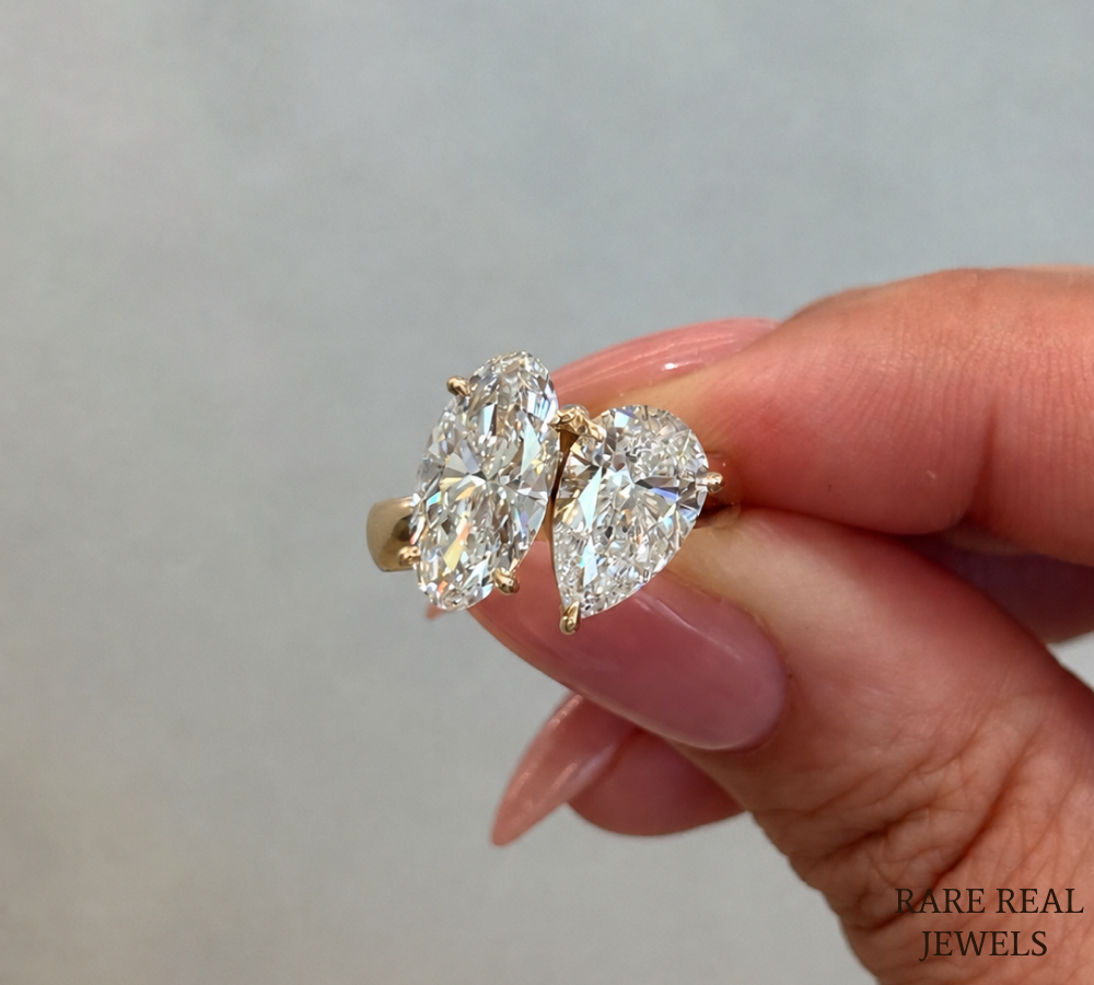 Pear & Oval Cut Lab Grown Diamond Toi et Moi Engagement Ring, 14K Yellow Gold Two Stone Bridal Ring