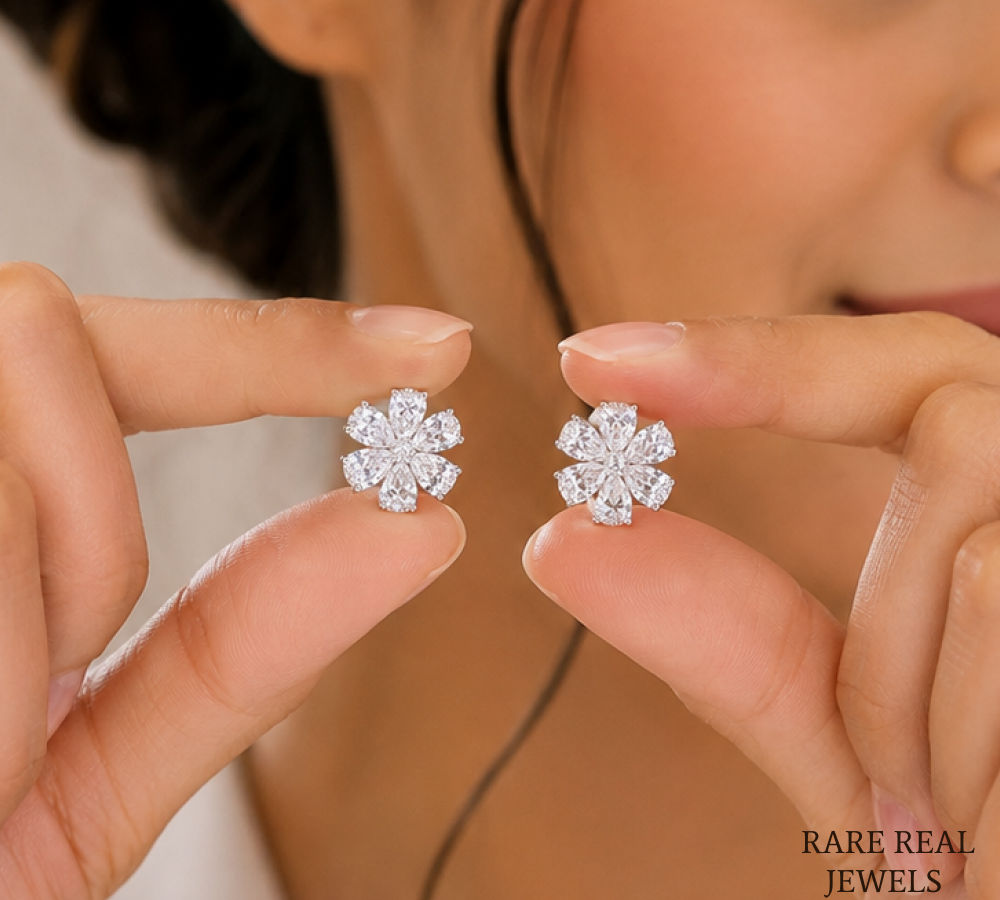 Flower Lab Grown Diamond Stud Earrings, Pear Cut Floral Cluster Earrings, White Gold Diamond Earrings Gift For Her