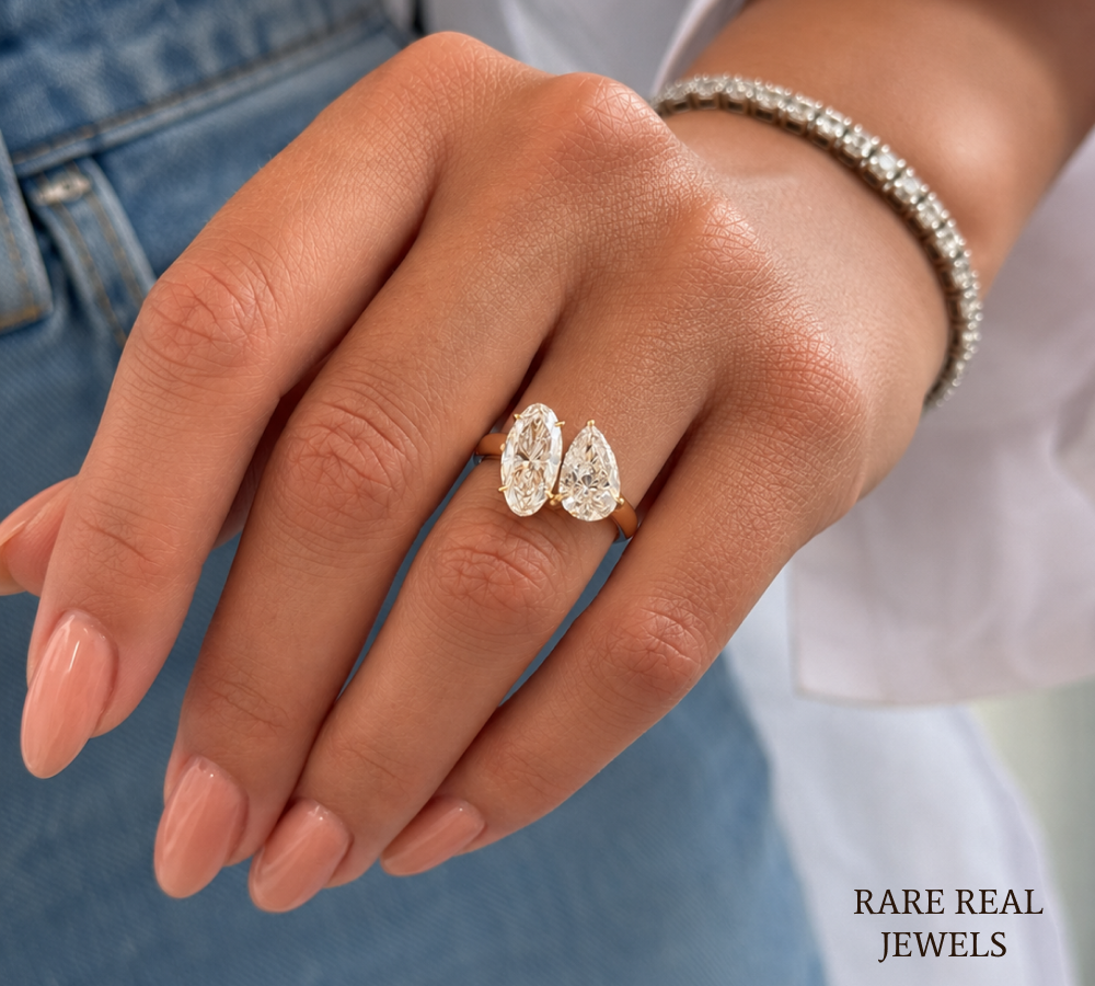 Pear & Oval Cut Lab Grown Diamond Toi et Moi Engagement Ring, 14K Yellow Gold Two Stone Bridal Ring