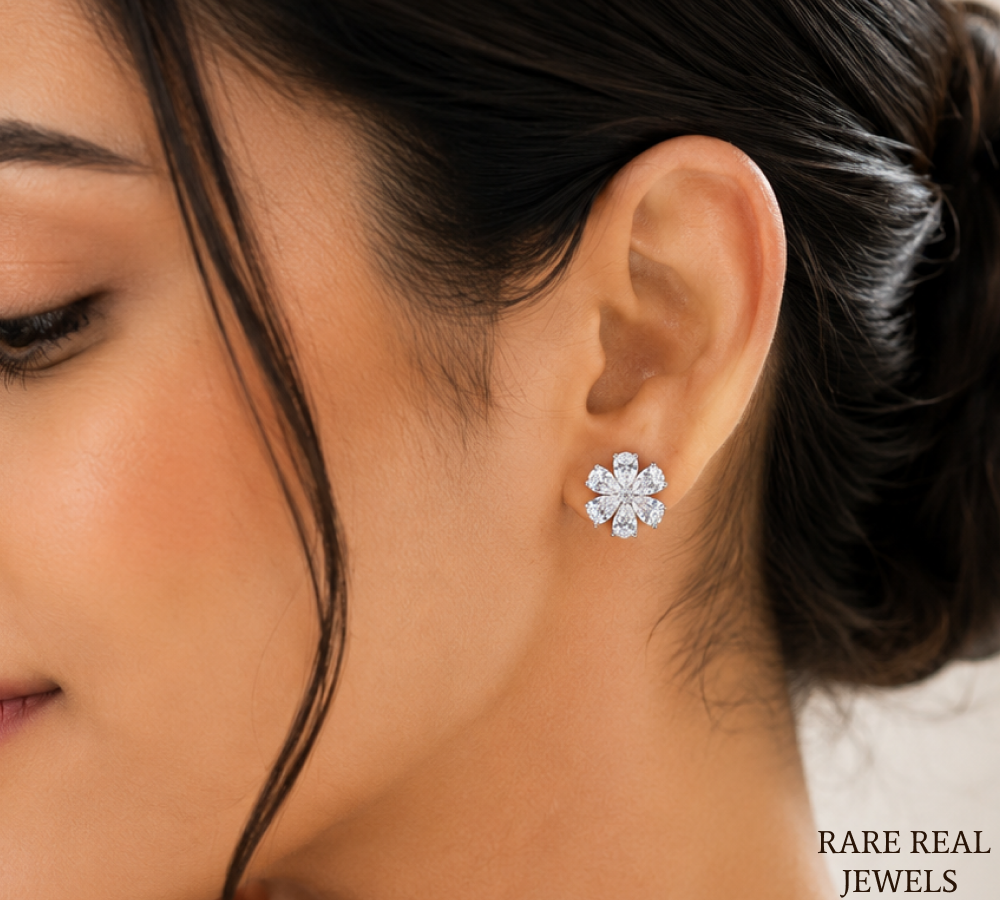 Flower Lab Grown Diamond Stud Earrings, Pear Cut Floral Cluster Earrings, White Gold Diamond Earrings Gift For Her