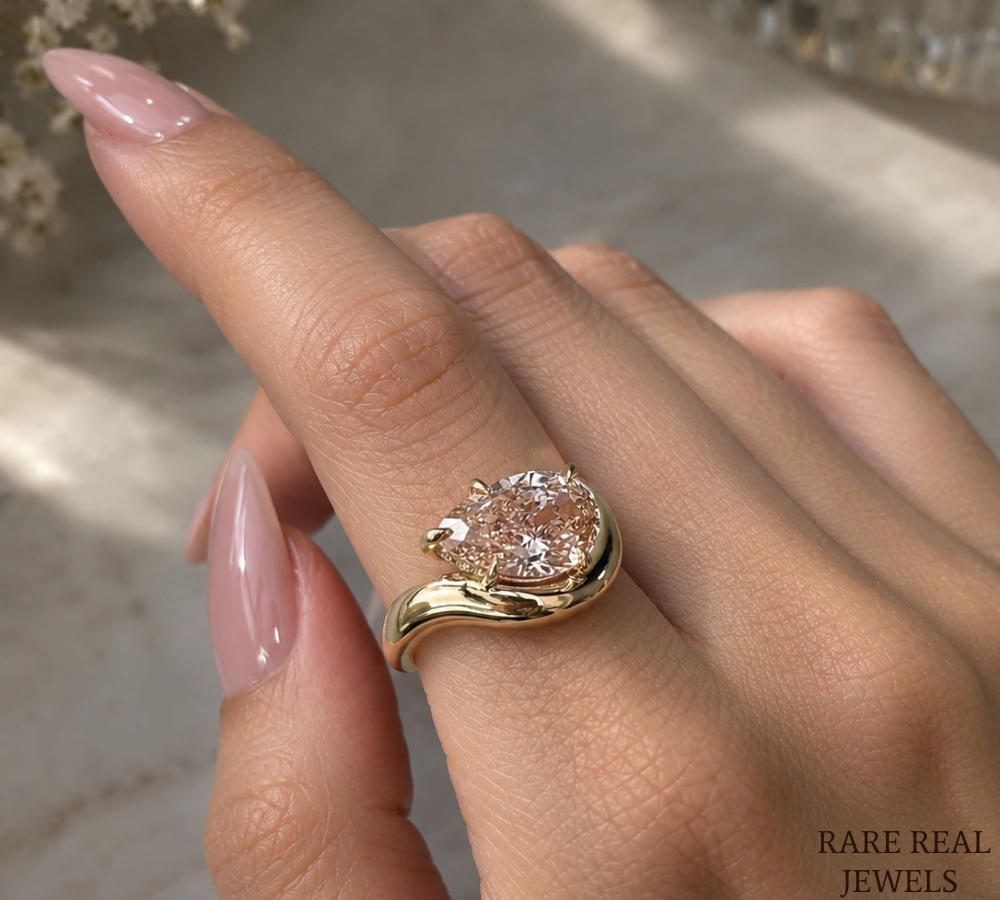 Pear Cut Lab Grown Diamond Engagement Ring, Yellow Gold Bypass Solitaire Ring, Modern Bridal Ring, Unique Proposal Ring