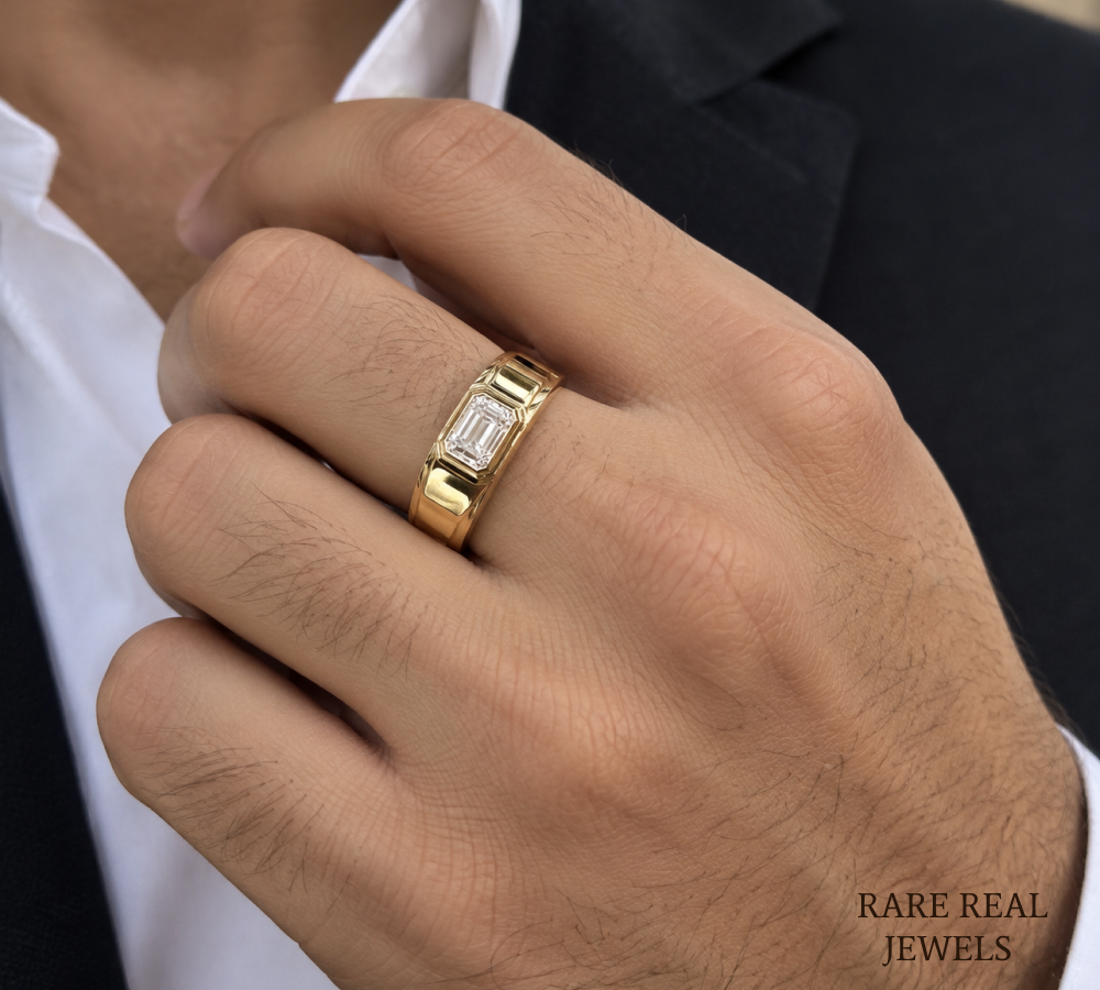 Men's Emerald Cut Diamond Signet Ring, Bezel Set Gold Ring, Lab Grown Diamond Wedding Band for Him