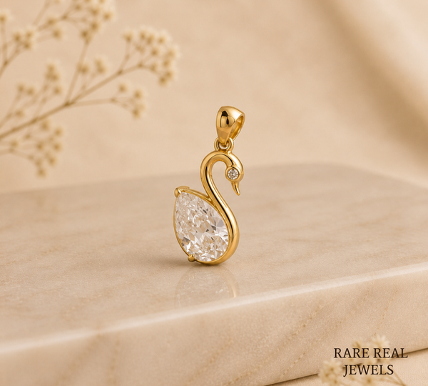 Pear Cut Lab Grown Diamond Swan Pendant, Lab Created Diamond Solitaire Pendant, Yellow Gold Pendant, Gift For Her