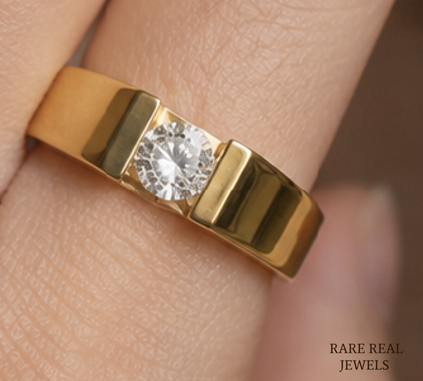 Men's Round Cut Lab Grown Diamond Signet Ring, 14K Yellow Gold Solitaire Ring, Luxury Wedding Band, Statement Ring