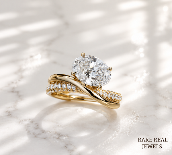 1.5 CT Oval Lab Grown Diamond Engagement Ring | Twisted Gold Band | Oval Solitaire Ring | Curved Diamond Wedding Ring | Modern Bridal Ring