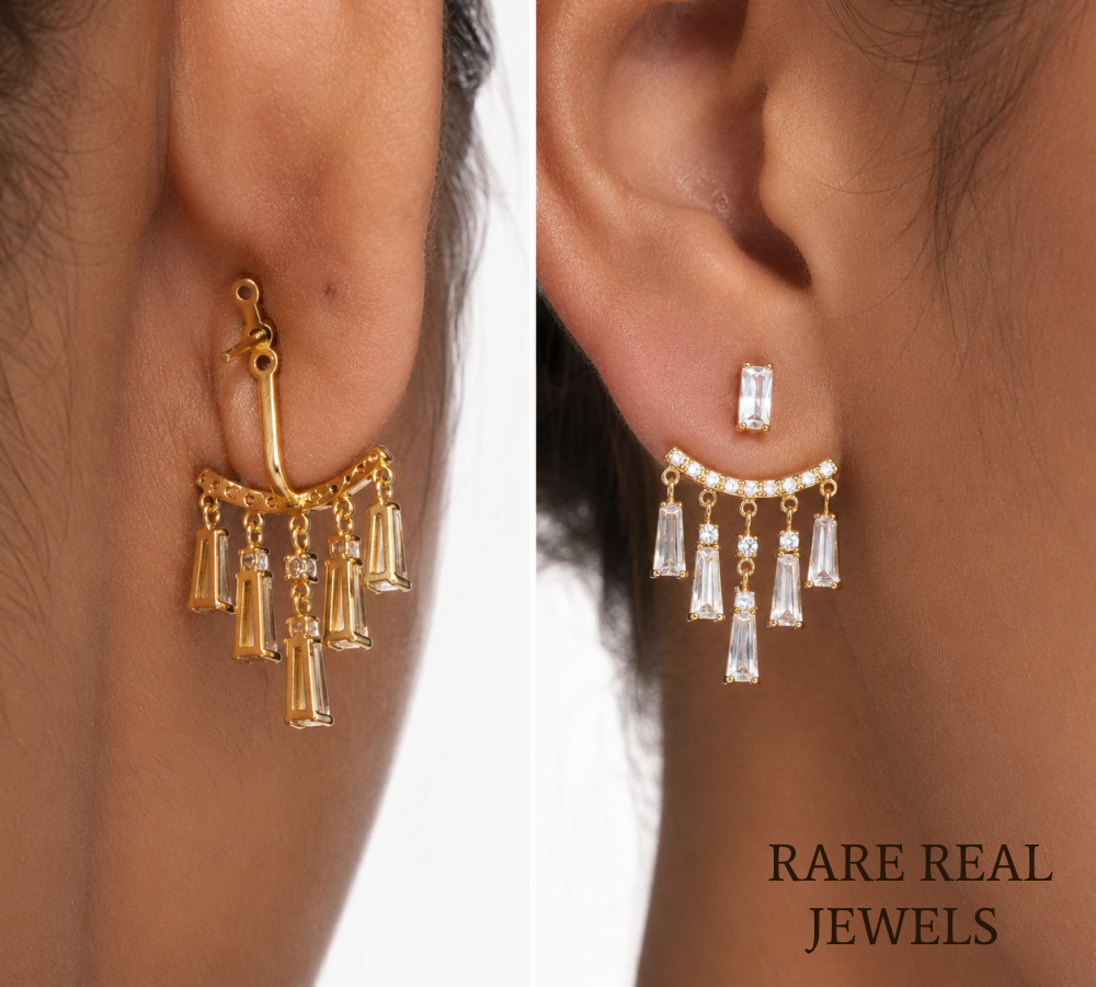 Luxury Baguette Cut Diamond Chandelier Drop Earrings in 14K Yellow Gold, Round Brilliant Diamond Dangle Statement Earrings for Women