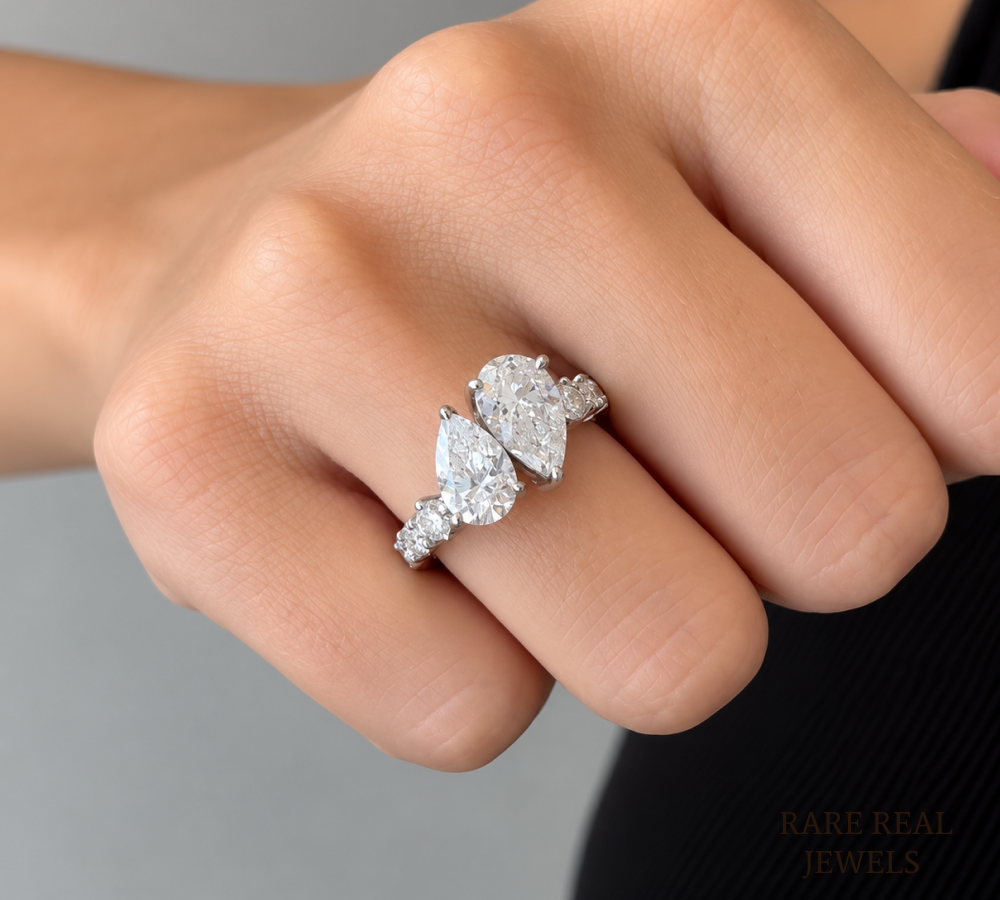 Pear Cut Toi Et Moi Diamond Engagement Ring, White Gold Bridal Ring, Double Pear Diamond Ring, Proposal Ring For Her