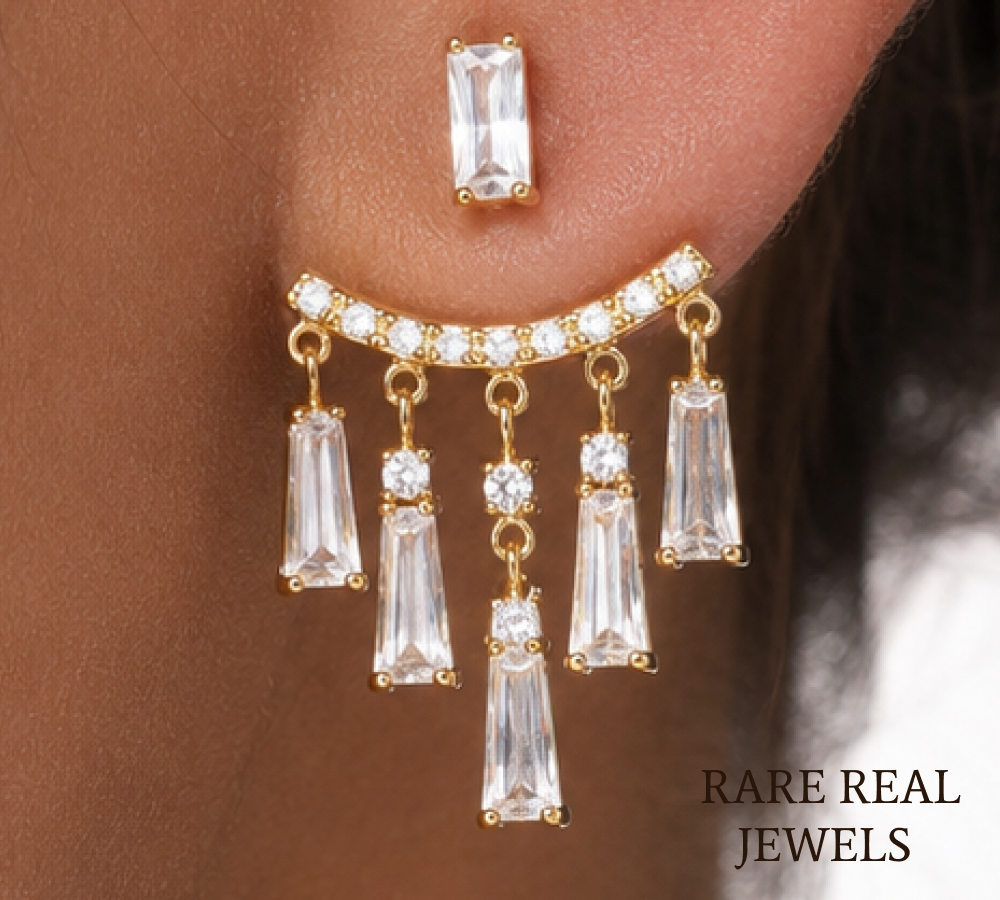 Luxury Baguette Cut Diamond Chandelier Drop Earrings in 14K Yellow Gold, Round Brilliant Diamond Dangle Statement Earrings for Women