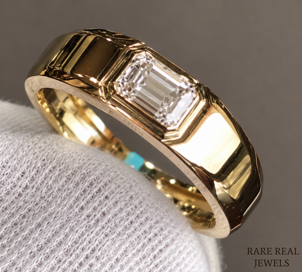 Men's Emerald Cut Diamond Signet Ring, Bezel Set Gold Ring, Lab Grown Diamond Wedding Band for Him