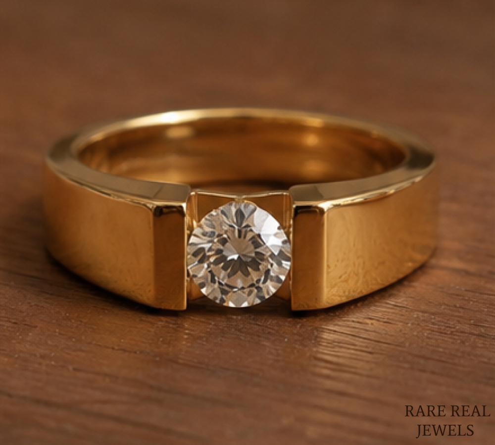 Men's Round Cut Lab Grown Diamond Signet Ring, 14K Yellow Gold Solitaire Ring, Luxury Wedding Band, Statement Ring