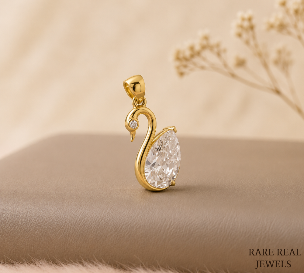 Pear Cut Lab Grown Diamond Swan Pendant, Lab Created Diamond Solitaire Pendant, Yellow Gold Pendant, Gift For Her