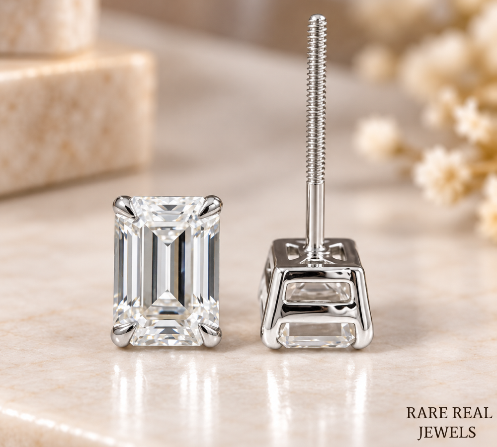 Emerald Cut Diamond Stud Earrings, Lab Grown Diamond Solitaire Studs, IGI Certified Earrings, Gift for Her, Bridal Jewelry