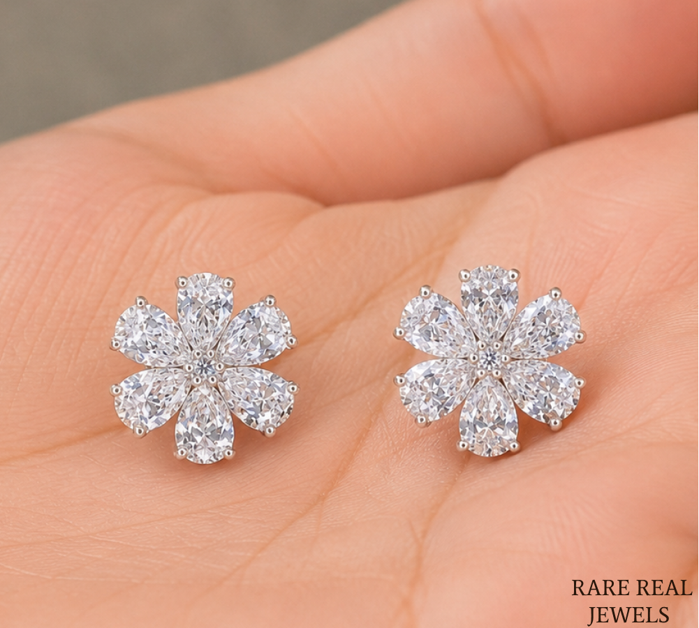 Flower Lab Grown Diamond Stud Earrings, Pear Cut Floral Cluster Earrings, White Gold Diamond Earrings Gift For Her