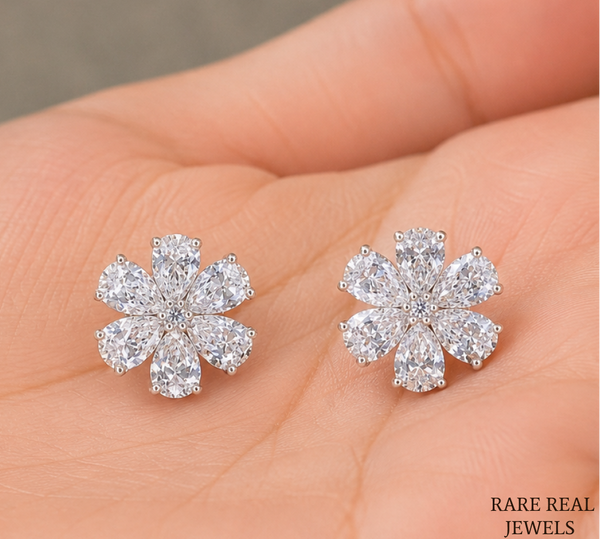 Flower Lab Grown Diamond Stud Earrings, Pear Cut Floral Cluster Earrings, White Gold Diamond Earrings Gift For Her