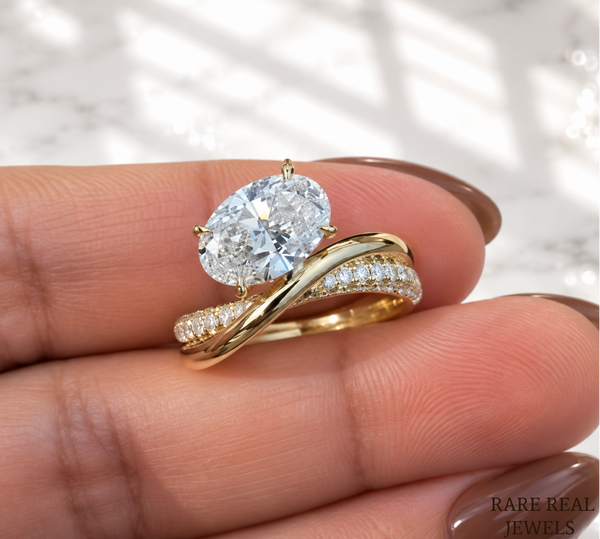 1.5 CT Oval Lab Grown Diamond Engagement Ring | Twisted Gold Band | Oval Solitaire Ring | Curved Diamond Wedding Ring | Modern Bridal Ring