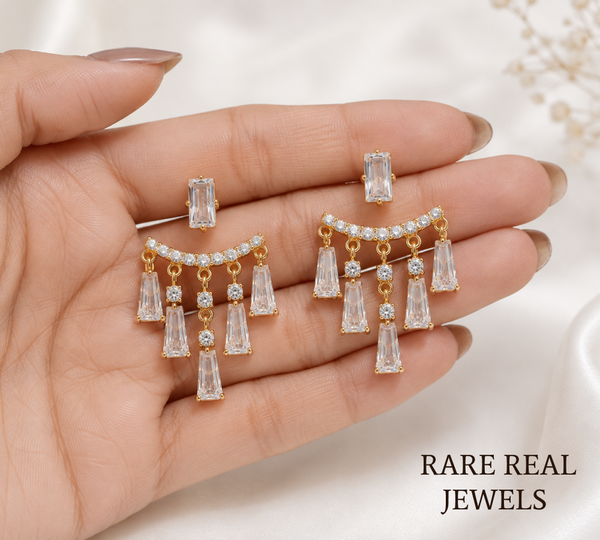 Luxury Baguette Cut Diamond Chandelier Drop Earrings in 14K Yellow Gold, Round Brilliant Diamond Dangle Statement Earrings for Women