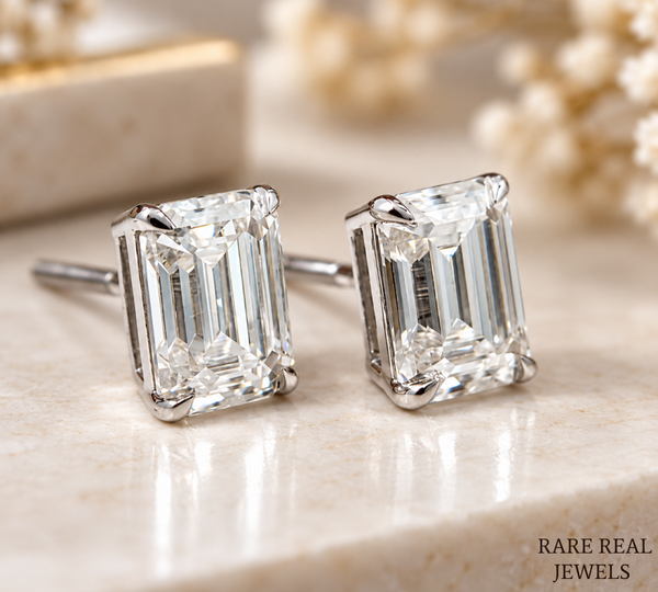 Emerald Cut Diamond Stud Earrings, Lab Grown Diamond Solitaire Studs, IGI Certified Earrings, Gift for Her, Bridal Jewelry