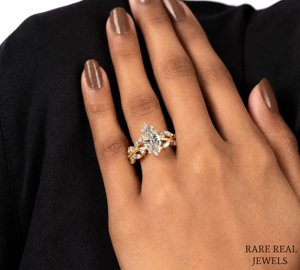 Marquise Cut Lab Grown Diamond Engagement Ring, Nature Inspired Yellow Gold Ring, Unique Bridal Proposal Ring