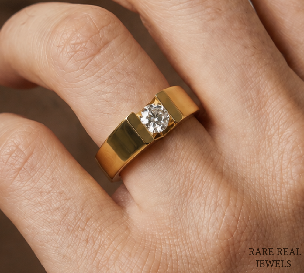 Men's Round Cut Lab Grown Diamond Signet Ring, 14K Yellow Gold Solitaire Ring, Luxury Wedding Band, Statement Ring