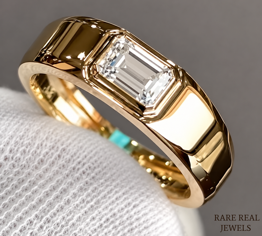 Men's Emerald Cut Diamond Signet Ring, Bezel Set Gold Ring, Lab Grown Diamond Wedding Band for Him