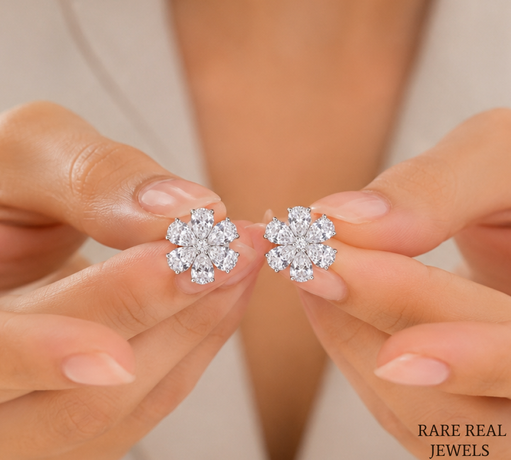 Flower Lab Grown Diamond Stud Earrings, Pear Cut Floral Cluster Earrings, White Gold Diamond Earrings Gift For Her