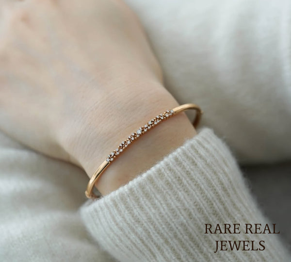 Luxury Pavé Diamond Bangle Bracelet in 14K Rose Gold – Minimalist Diamond Hinged Bangle for Women